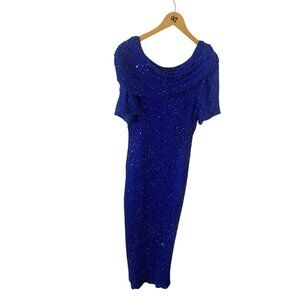 Vintage Lawrence Kazar Women's Blue 100% Silk Beaded Cocktail Maxi Dress - Large